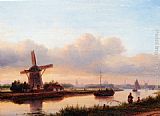 A Panoramic Summer Landscape With Barges On The Trekvliet, The Hague In The Distance by Lodewijk Johannes Kleijn